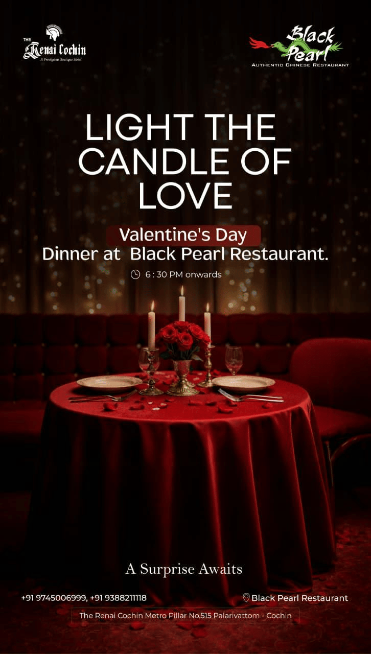 Promotional poster for valentine's day featuring candle light dinner set on a table alongside the chairs.
