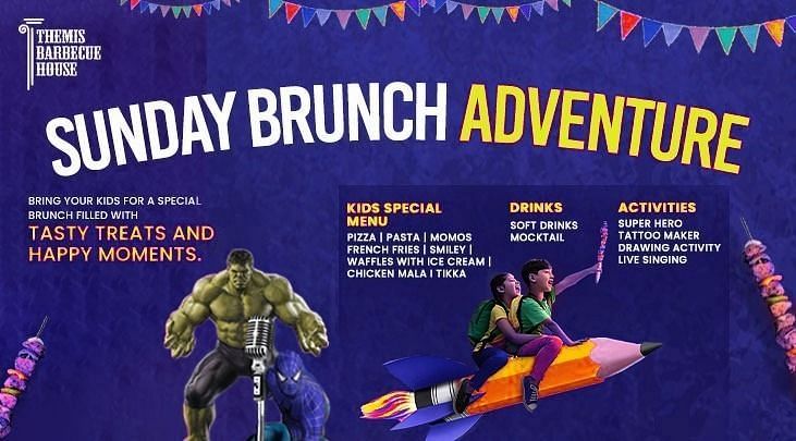 A creative image with Kids Sunday Brunch, offers Special Kids Menu on every sunday