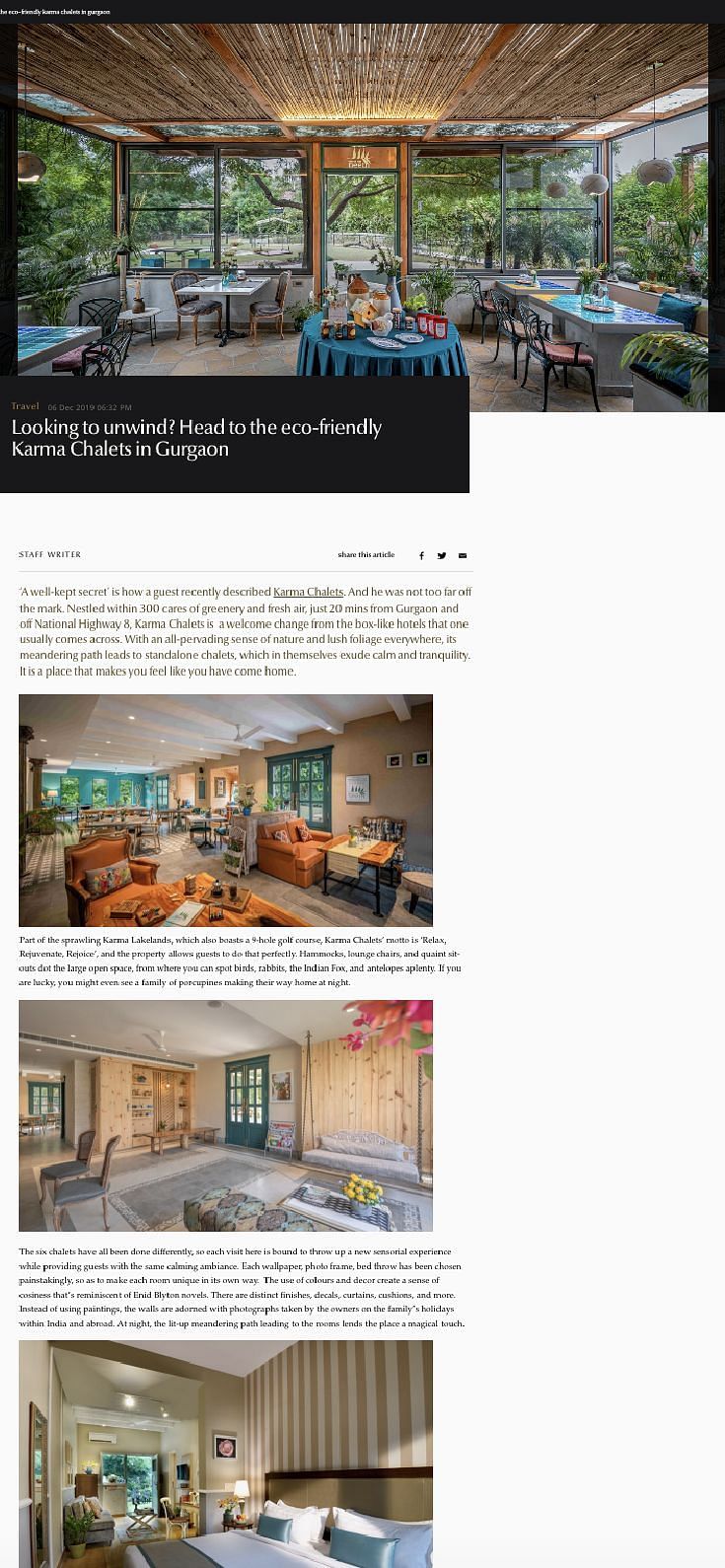 Images show various spaces at Karma Chalets in Gurgaon—patio, lounge, bedrooms—reflecting the article's focus on eco-friendly, serene countryside stays.