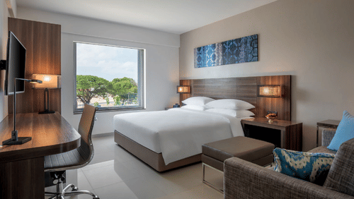 Standard king room featuring a bed, couch, television and a working area at The Residency Towers Rameswaram