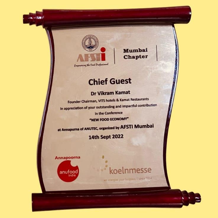 Image of an accolade of won by Vikram Kamat for being the Chief Guest at AFSTI - Kamats India