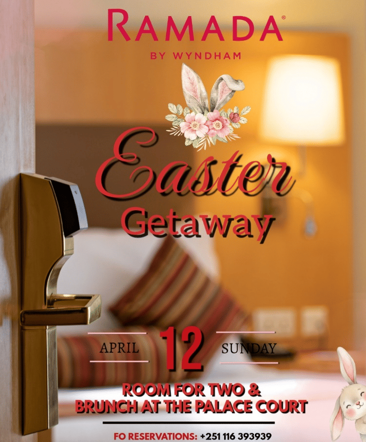Ramada Easter Getaway poster promoting a special stay for two with brunch at the Palace Court, perfect for a festive celebration.