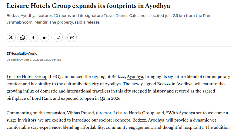 News article announcing Leisure Hotels Group’s expansion in Ayodhya with the signing of Bedzzz Ayodhya, a 20-room property featuring Travel Diaries Cafe, located 2.5 km from Ram Janmabhoomi Mandir.