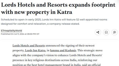 A web page about Lords Hotels & Resorts expanding with a new property in Katra.