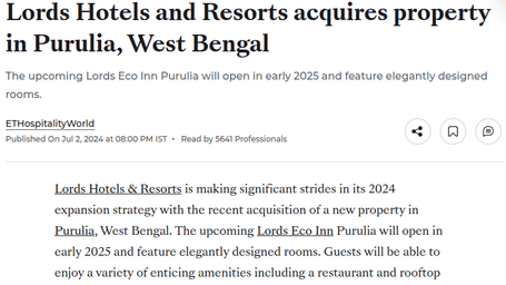 A news article about Lords Hotels & Resorts acquiring property in Purulia, West Bengal.