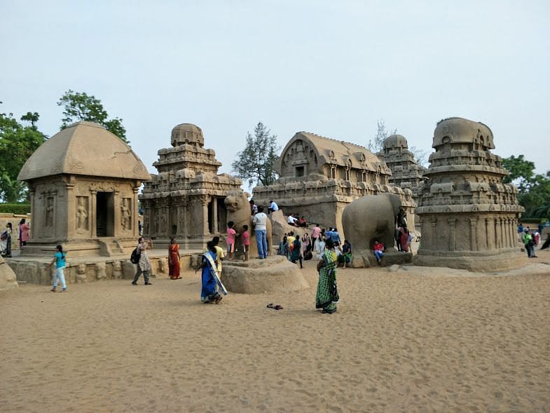 An image of ancient monuments in Mahabalipuram shore temple. 