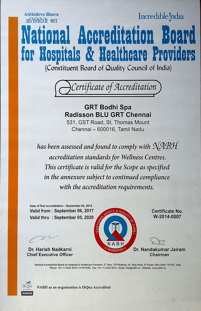 NABH-certificate for GRT Bodhi Spa-Radisson BLU GRT Chennai.