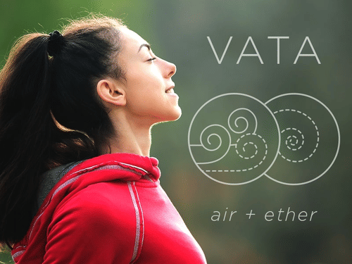 Woman in red hoodie breathing deeply outdoors, alongside text ‘Vata’ with symbolic swirls at YO1 Longevity & Health Resorts
