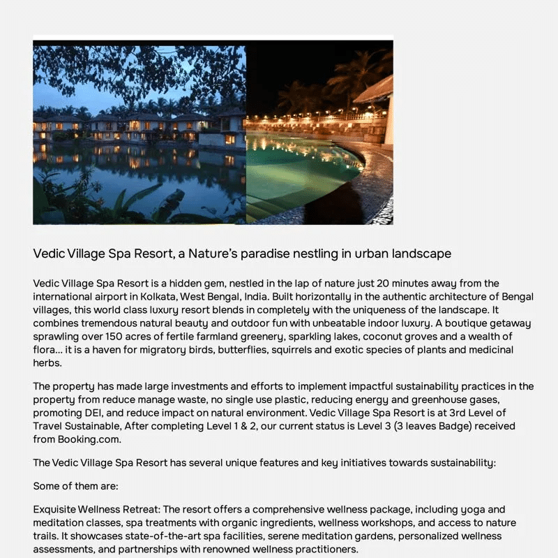 Content about Vedic Village Spa Resort as a nature's paradise.