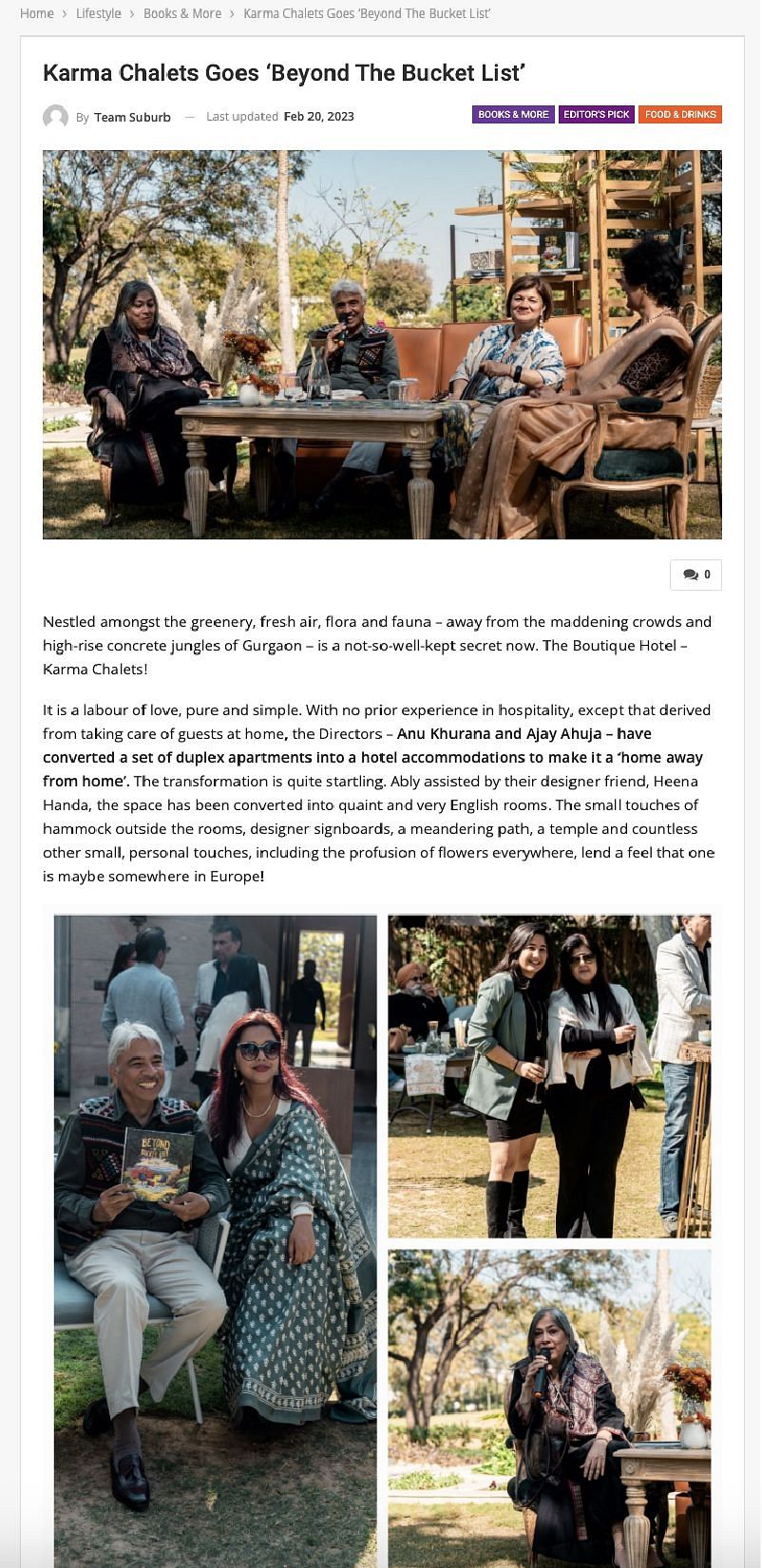 Group of people seated and standing outdoors at Karma Chalets; the article covers its transformation into a homely boutique stay near Gurgaon.