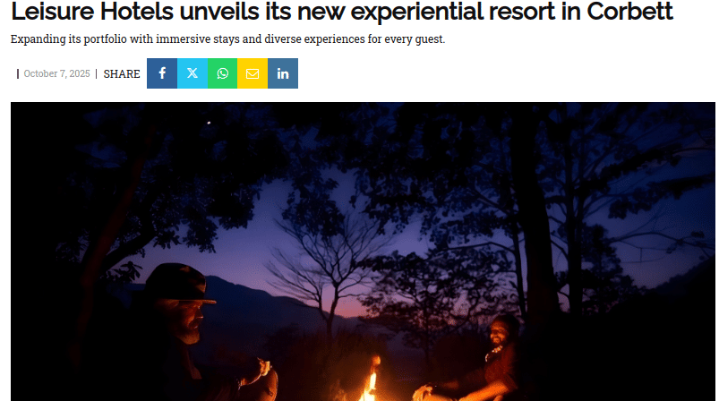 Media article features a nighttime scene at a Corbett resort where two people sit around a campfire with mountains and trees in the background, creating a serene experience.