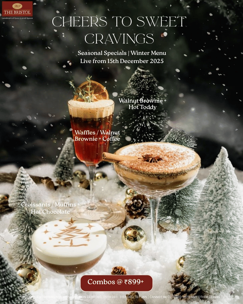 A winter-themed promotional poster of Cheers to Sweet Cravings showcasing festive hot beverages and desserts arranged among miniature snow-covered trees with seasonal specials highlighted.