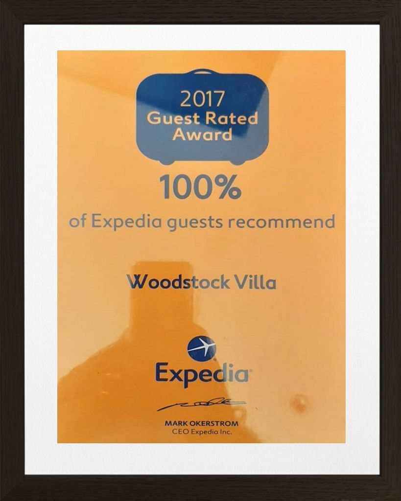 The image displays a '2017 Guest Review Awards' certificate from Expedia, showing a 100% score | Woodstock Resorts, Coorg
