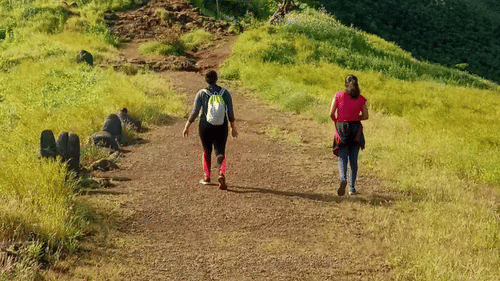 Two people walking along a dirt path surrounded by hills and trees.