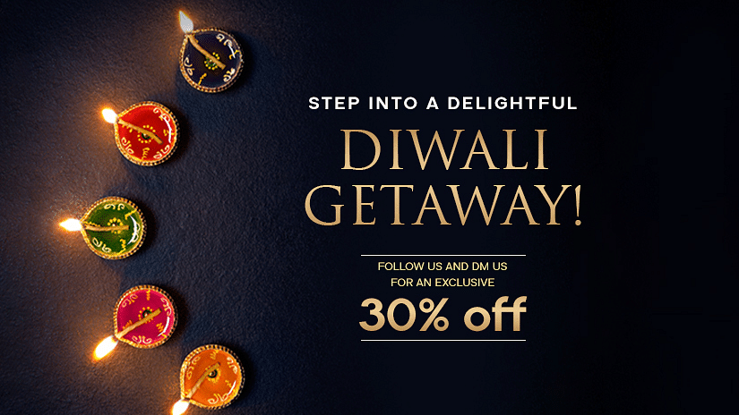 Image for Diwali Getaway featuring diyas arranged and the text says that the user will get a flat 30% off by following and DMing on social media platforms