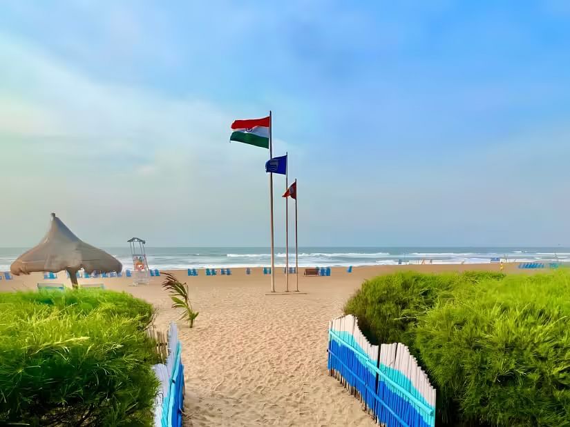 View of Blue Flag Beach, Puri on a clear, blue day