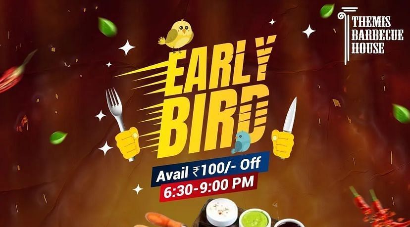 A creative image of early bird offer at Themis Barbecue House, Ambala