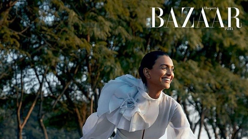 A cover page of Bazaar magazine with a person on a skateboard - Karma Lakelands.
