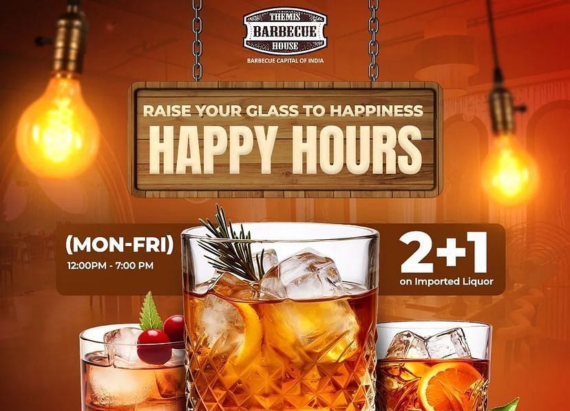 A creative image of Happy hours presenting glasses of drinks at Themis Barbecue House, Ambala