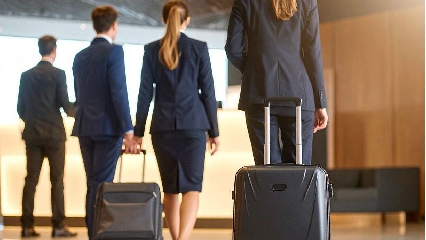 Business professionals with luggage walking through a hotel lobby area.