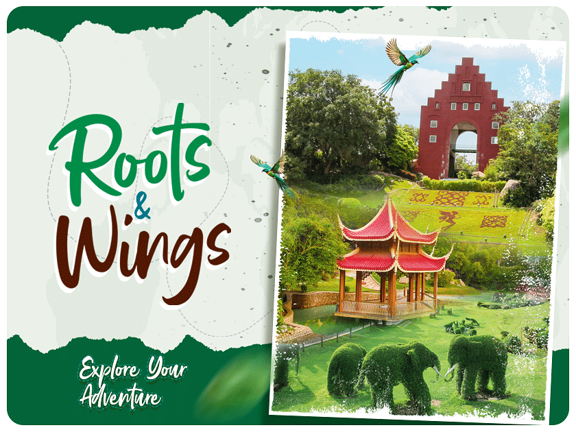 Roots and Wings event poster showing elephants, a red barn, and a pagoda