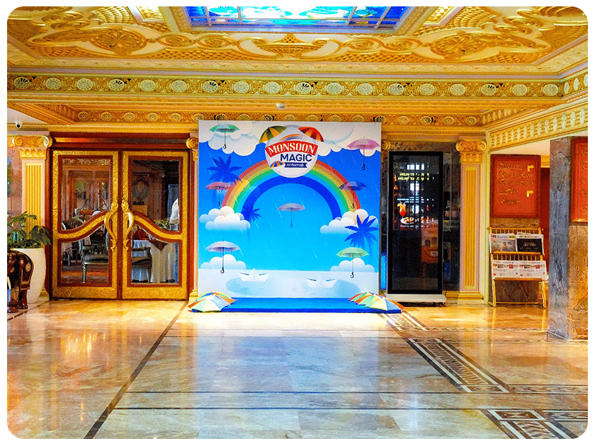 Entrance view of Ramoji Film City decorated with colorful lights and festive ambience.