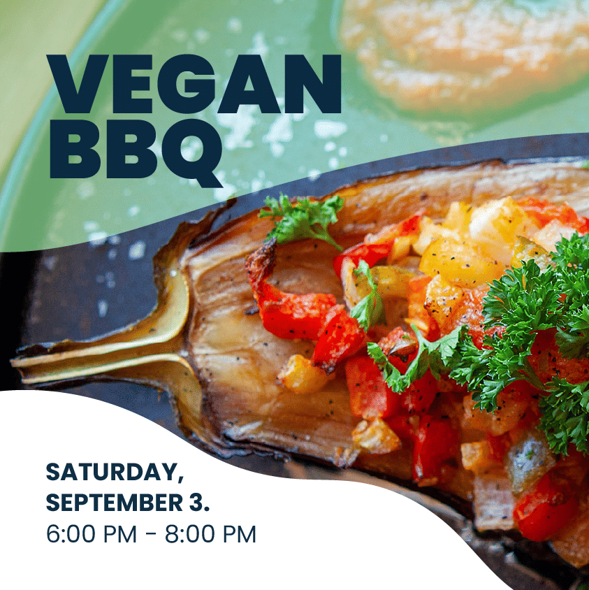 A colorful roasted eggplant dish topped with diced vegetables and herbs, promoting a Vegan BBQ event at YO1 Longevity & Health Resorts scheduled for Saturday, September 3, from 6 PM to 8 PM.