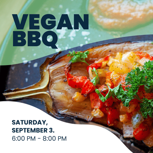 A roasted eggplant dish topped with diced vegetables and herbs, promoting a Vegan BBQ event at YO1 Longevity & Health Resorts scheduled for Saturday, September 3, from 6 PM to 8 PM.
