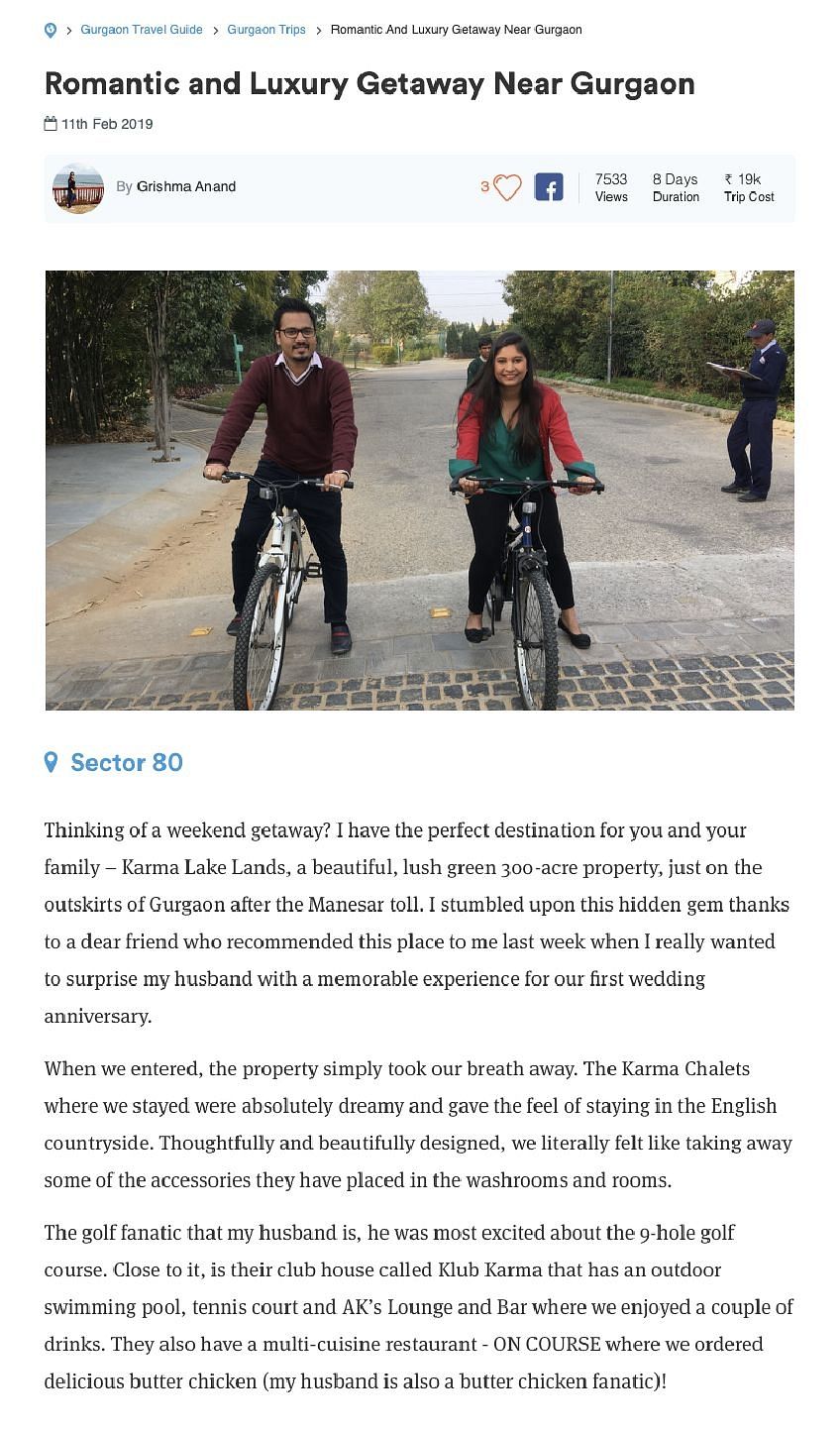A couple cycling at Karma Chalets, article highlights a romantic getaway and property features like golf, dining, and outdoor spaces.
