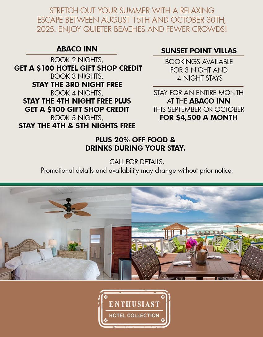 Summer offer details for Abaco Inn and Sunset Point Villas with stay deals, food discounts, and beachside villa imagery.
