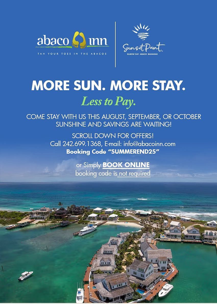 Summer 2025 travel offers from Abaco Inn and Sunset Point Villas in the Bahamas, including free nights and food discounts.
