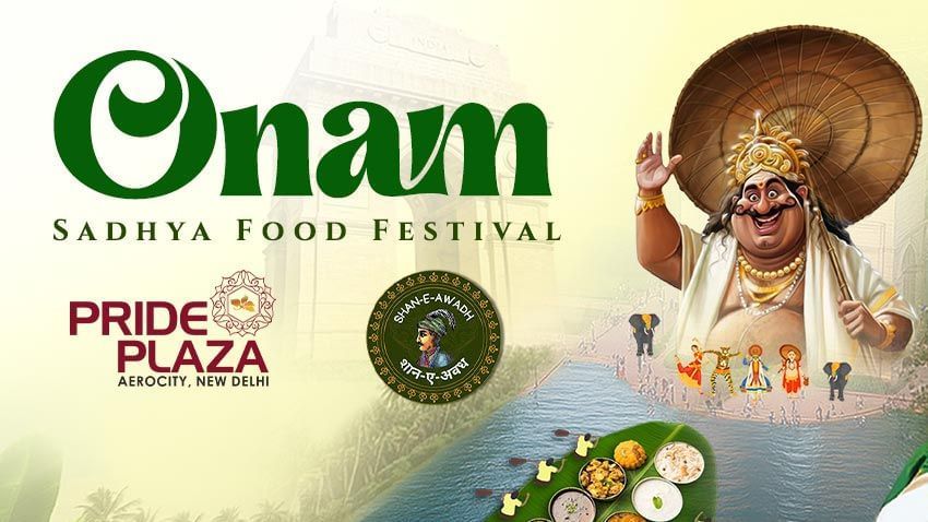 Creative image promoting Onam Sadhya food festival at Pride Plaza Hotel, New Delhi featuring banana leaf floating on a river which has various kinds of dishes. It also has a picture of Celebrity Guest Rekha Raghavan and Executive Chef, Rakesh Rana.