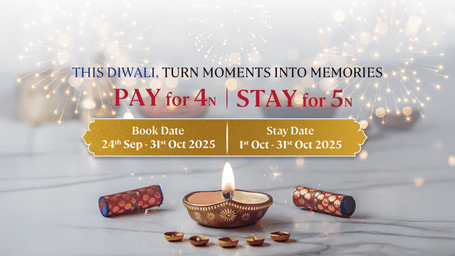  Creative of Diwali offer at Lords Hotels and Resorts, showing a diya, firecrackers, and text PAY for 4N | STAY for 5N.
