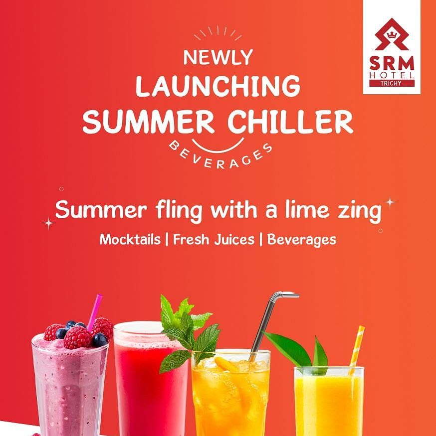 SRM Hotel newly launched Summer Chiller featuring the tagline Summer fling with a lime zing. The image showcases colorful mocktails, fresh juices, and beverages with fruits like berries, watermelon, orange, and mango. Contact number +91 94437 33069 is disp