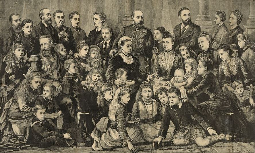 Queen Victoria and her family in a portrait, 1877.