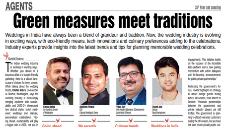 A magazine spread featuring an article about green measures and weddings, with pictures of various people.