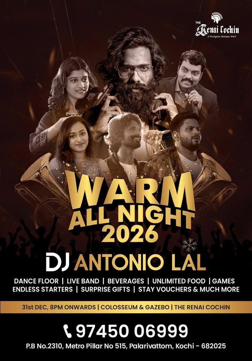 Promotional poster for Warm All Night with DJ Zingo at Renai Cochin, featuring event details and a vibrant party-themed design.