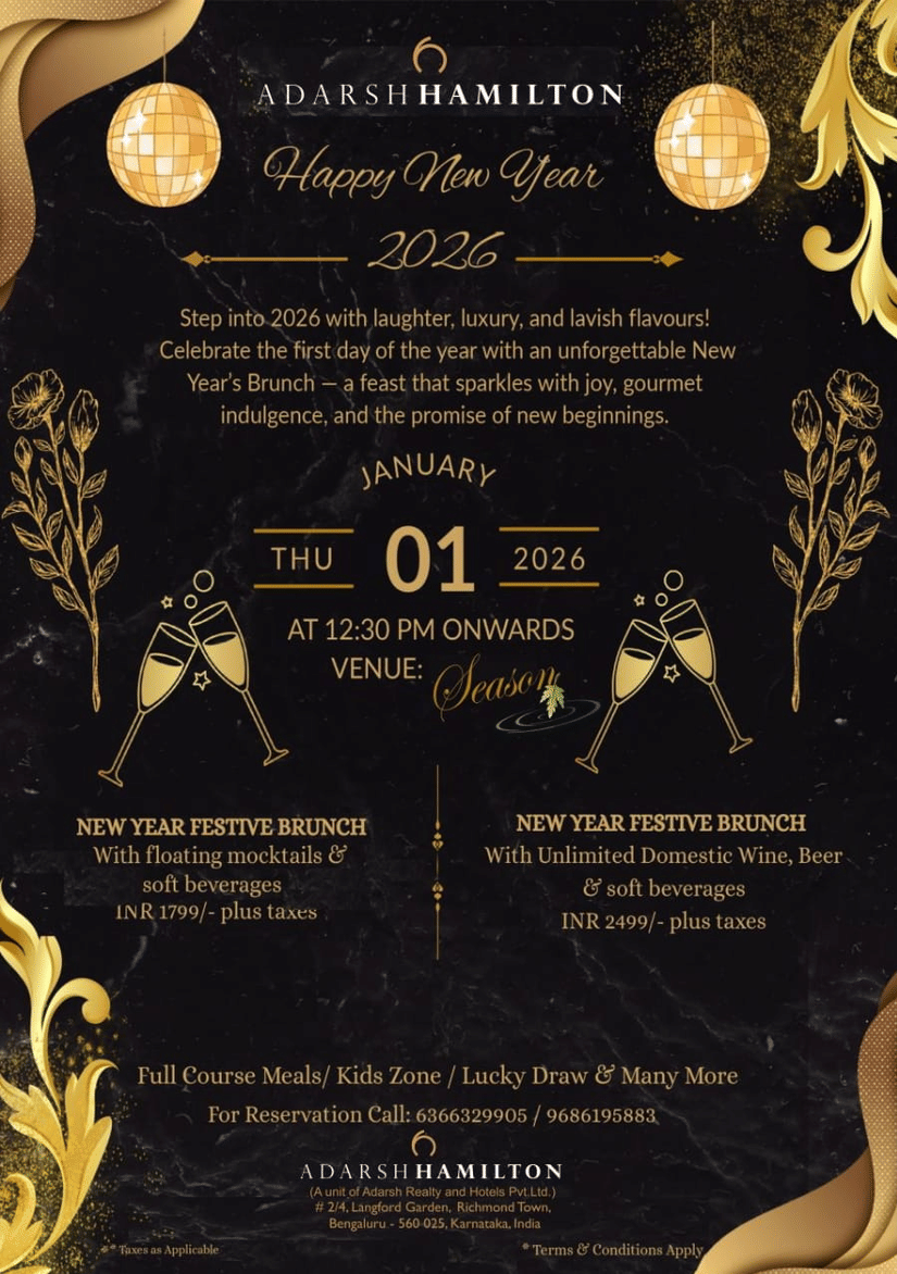 New Year 2026 Brunch at Adarsh Hamilton on 1st January, featuring a Mocktail deal and Wine, Beer and Soft Beverages deal, full course meals and a lucky draw.