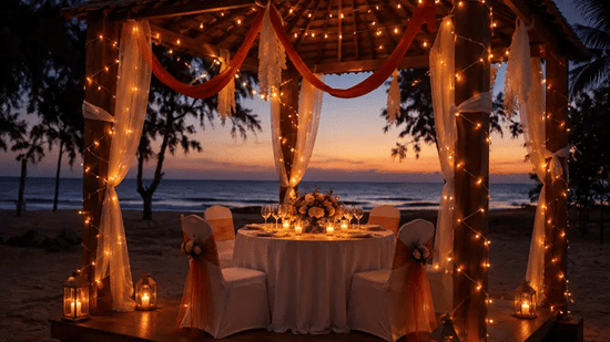 A candlelight dinner with a table and chairs set up in an open space.