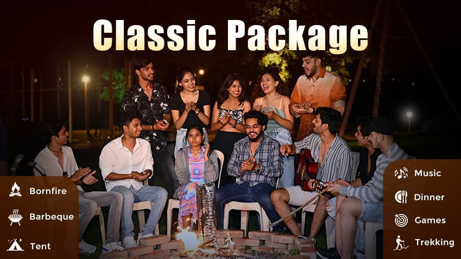 Creative of Classic Package  featuring people sitting around the bonfire, one person playing the guitar and others enjoying. The package offers music, bonfire, games, barbecue, dinner, trekking, and tent.