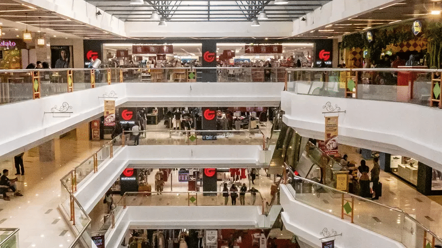 shopping mall with various shops