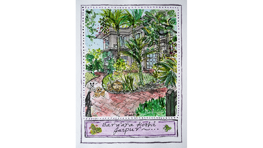 A water colour painting of Barwara Khothi showcasing the lush green landscape of the homestay.