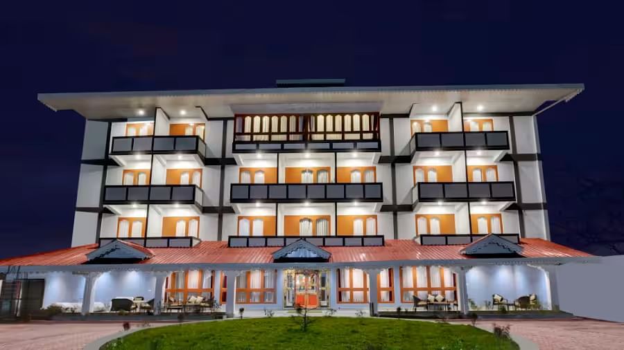 Shot of the facade of the hotel in the evening  at Lachung  | Yashshree Lachung