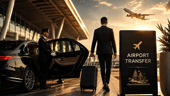 A car, a man, and a banner placed in an airport set up with a plane in the sky background.