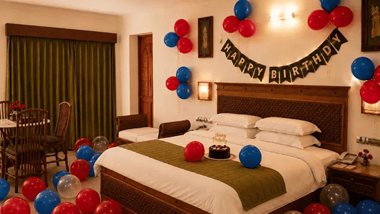 A room with a large bed, pillows, spreads, and a birthday banner with decoration behind the bed.