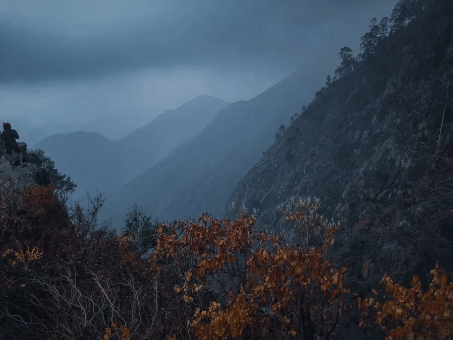 Dramatic mountain valley with mist drifting between dark ridges and autumn-toned trees in the foreground.