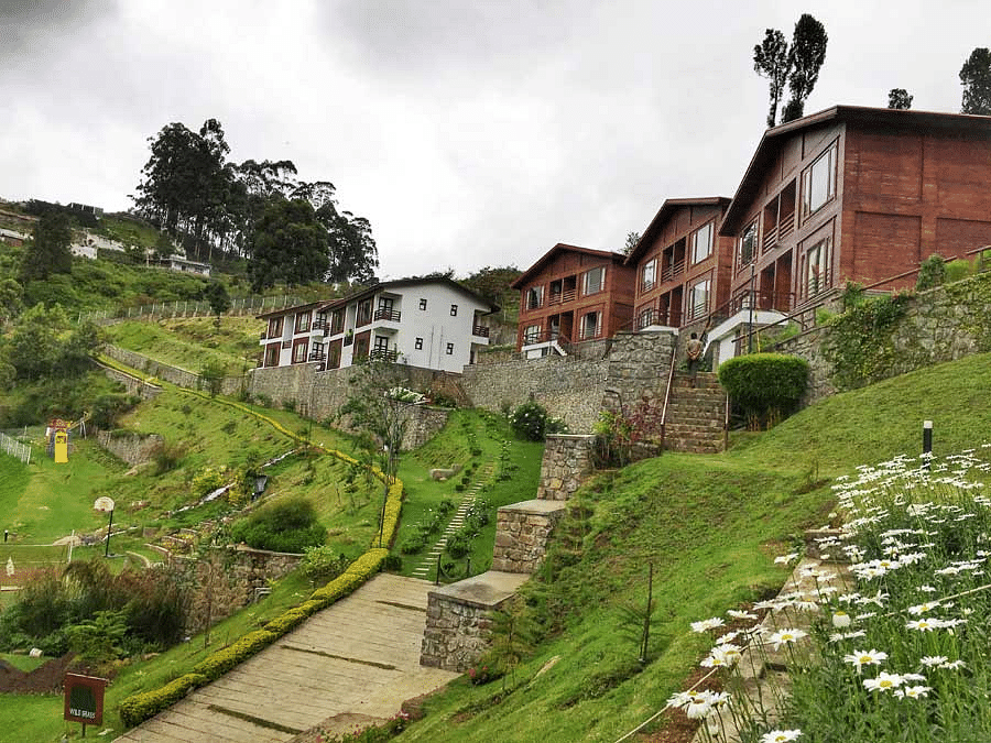 Resort on a sloping hillside with greenery and flowers