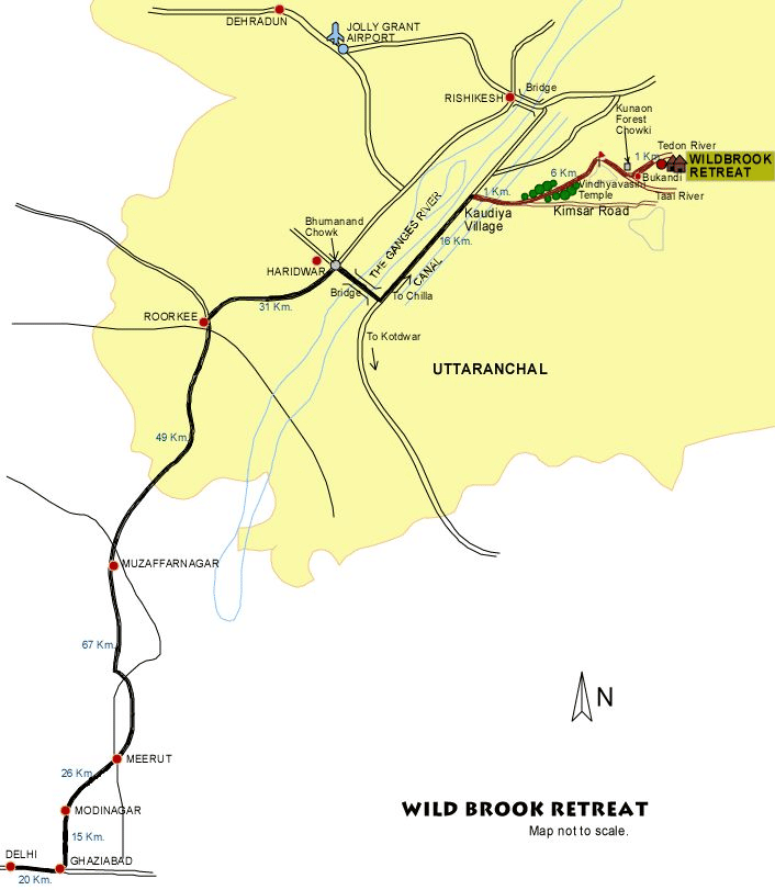 A route map showing directions to Wild Brook Retreat in Rajaji National Park, Uttarakhand, India.