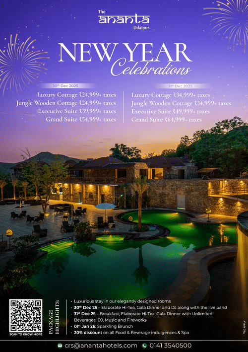 A creative of Ananta, The Ananta Udaipur, showing a dramatic night view of the resort's multi-tiered pool area with glowing  water, surrounding stone-faced buildings, and fireworks illuminating the hills above for the New Year 2025 celebration.