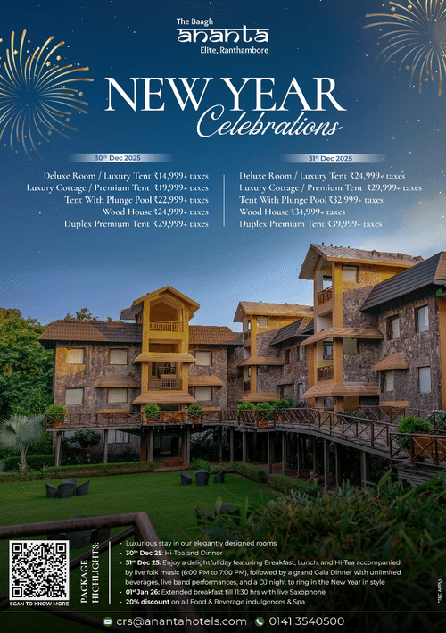 A creative of Ananta, The Baagh Elite, Ranthambore, displaying a multi-story stone and wood resort building with elevated walkways overlooking a green lawn, set against a dark, firework-dotted sky for the New Year 2025 celebration.